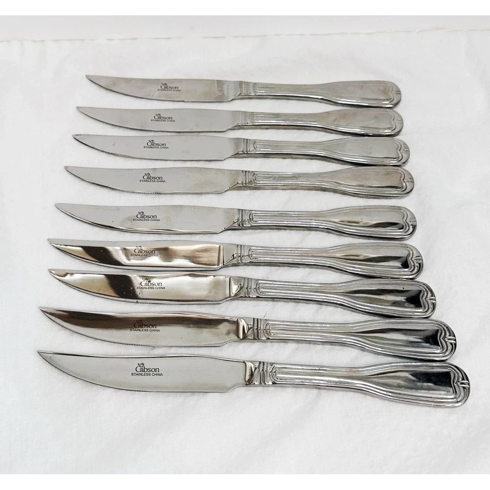 Set‎ Of 9 Gibson Gia19 Fiddle Serrated Stainless Steak Knives 8.5